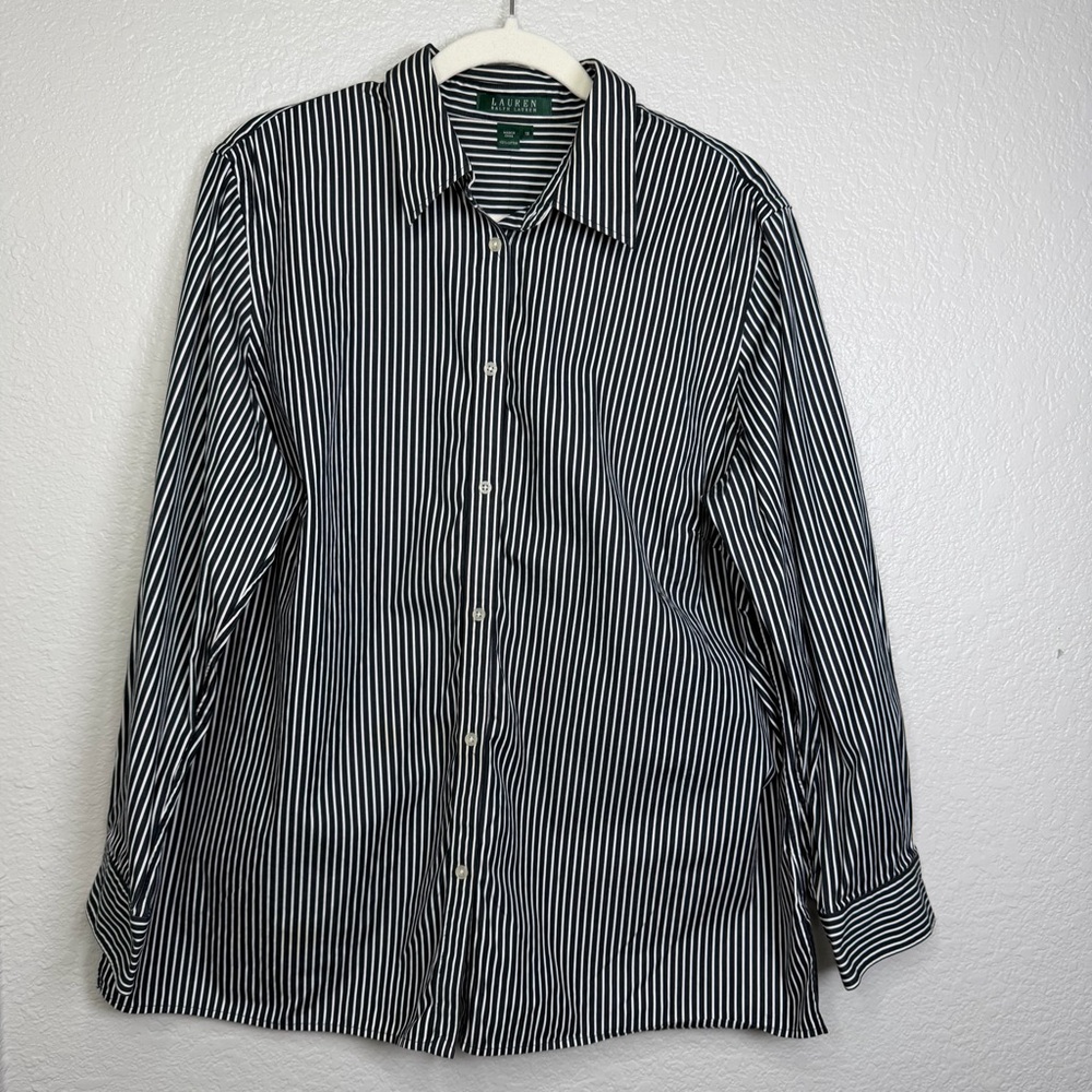 Lauren Ralph Lauren Button Up Long Sleeve Black White  Stripe Shirt Top Size 1X